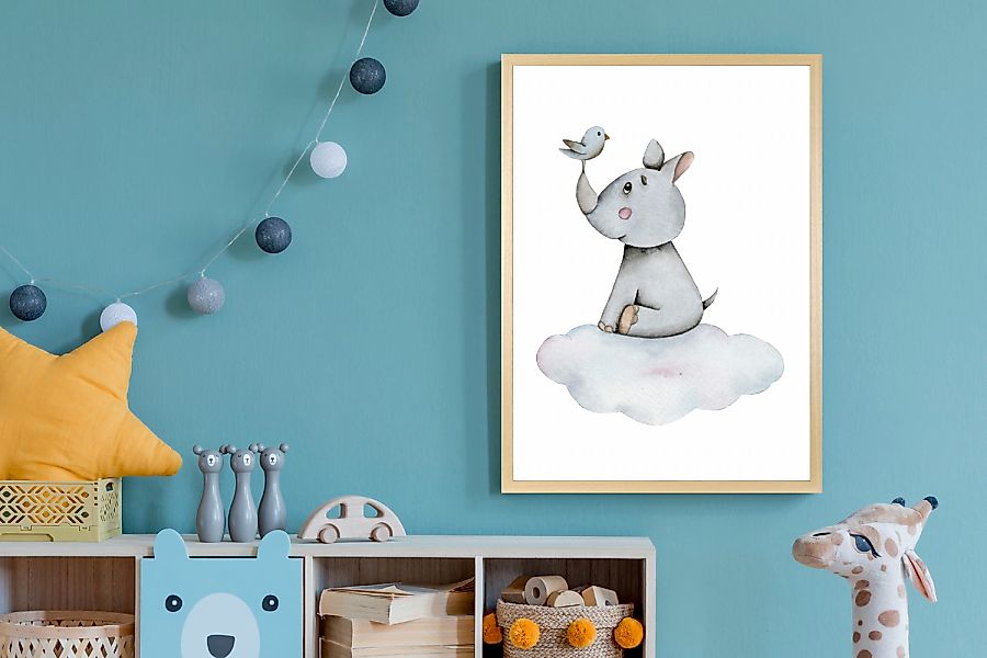 queence Bild mit Rahmen "Nashorn mit Vogel auf Wolke", Fantasy-Himmel-Himme günstig online kaufen