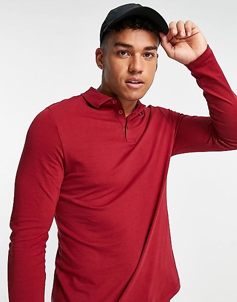 ASOS DESIGN – Langärmliges Polohemd aus Bio-Jersey in Burgunder-Rot günstig online kaufen