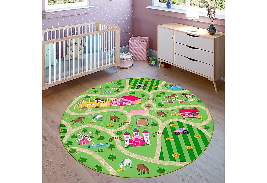 Paco Home Kinderteppich Bino 560, rund, Höhe: 4 mm, Kurzflor, Straßen-Spiel günstig online kaufen