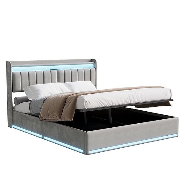 PXloue Polsterbett LED Doppelbett, Bettkasten, Ladefunktion, Samt, 160x200 günstig online kaufen