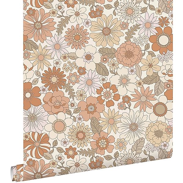 ESTAhome Tapete Retro Blumen Terrakotta und Hellbeige 53 cm x 10.05 m günstig online kaufen