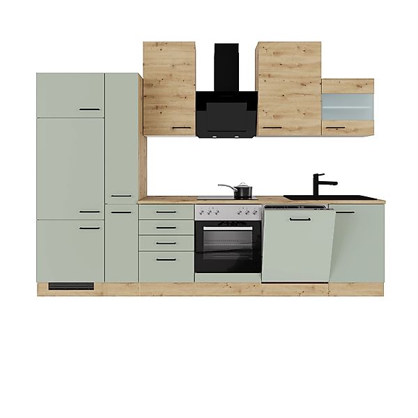 Flex-Well Exclusiv Küchenzeile Cara 310 cm Schilfgrün matt - Artisan Eiche günstig online kaufen