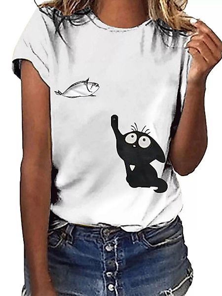 Cartoon Katze Kurzarm-T-Shirt mit O-Ausschnitt und Fischdruck für Damen günstig online kaufen