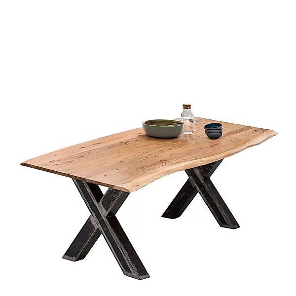 Baumkanten Tisch aus Akazie Massivholz und Metall X Gestell günstig online kaufen