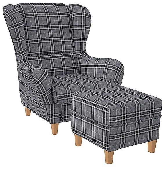Supellex Ohrensessel Sofia Relaxsessel mit Hocker Design Oxford Grau günstig online kaufen