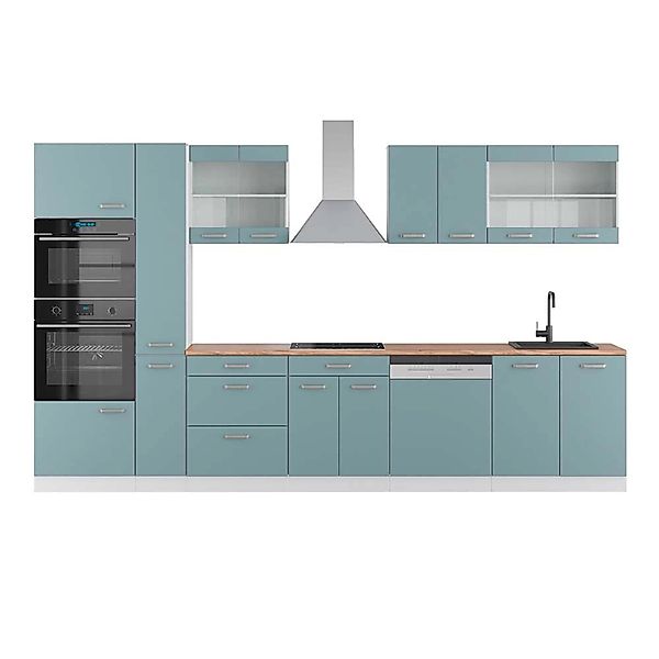 Vicco R-Line Küchenzeile Blau-Grau/Weiß 350 cm mit HochschrankAP Eiche günstig online kaufen