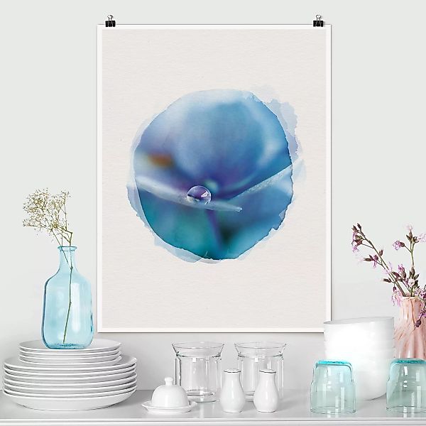 Poster Blumen - Hochformat Wasserfarben - Wassertropfen Hortensienblüte günstig online kaufen