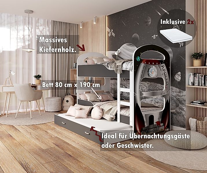 AJKmeble Hochbett 80x160cm und 80x190cm in 4 Farben Bus Prinzessin Rakete P günstig online kaufen