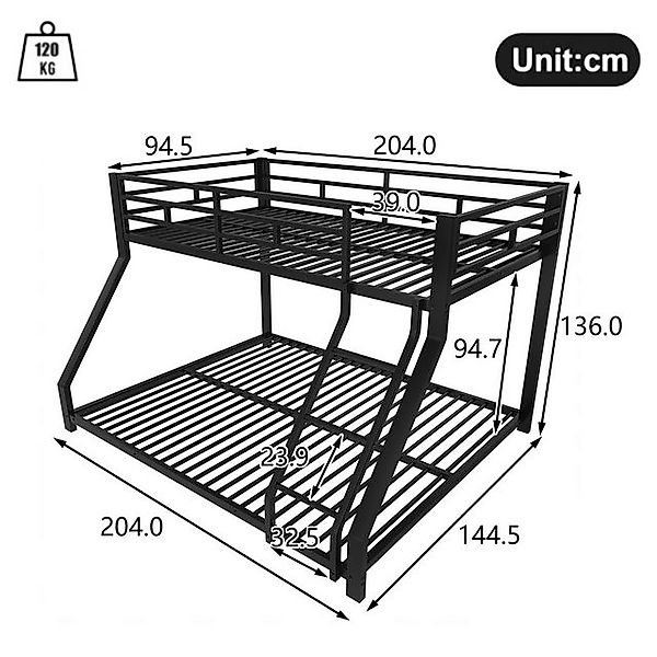 Flieks Etagenbett, Metallbett 90x200cm+140x200cm mit Schrägleiter und Gelän günstig online kaufen