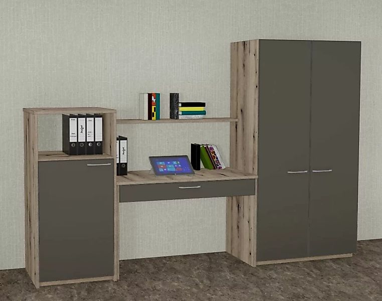 Büromöbel MANKAWORK 1.3B Quarzgrau-Eiche Schreibtisch+Schränke 290 cm Homeo günstig online kaufen