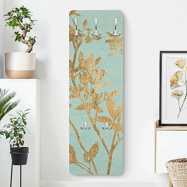 Wandgarderobe Holzpaneel Blumen Goldene Blätter auf Turquoise II günstig online kaufen