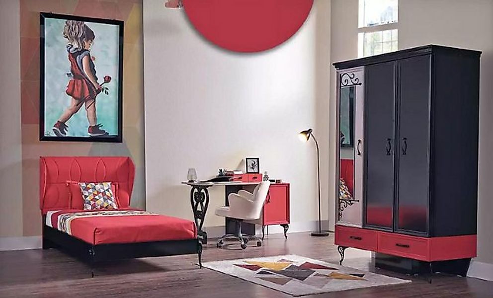 Xlmoebel Bett Rot Schwarz Klassisches Kinderzimmer Set mit Schrank, Bett un günstig online kaufen