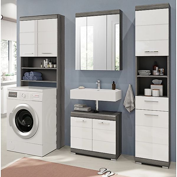 Inn.Furn Badmöbel-Set Weiß Hochglanz Grau 4-teilig 190 cm 23 Fächer Shawn günstig online kaufen
