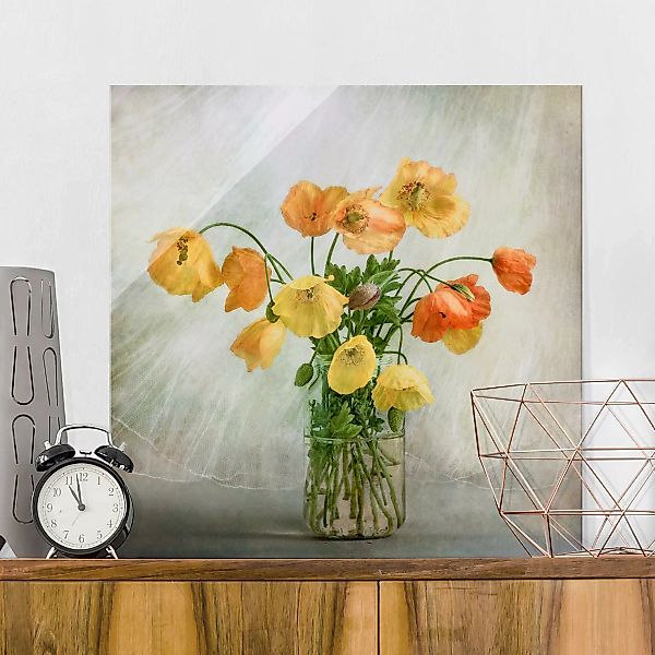 Glasbild - Quadrat Mohnblumen in einer Vase günstig online kaufen