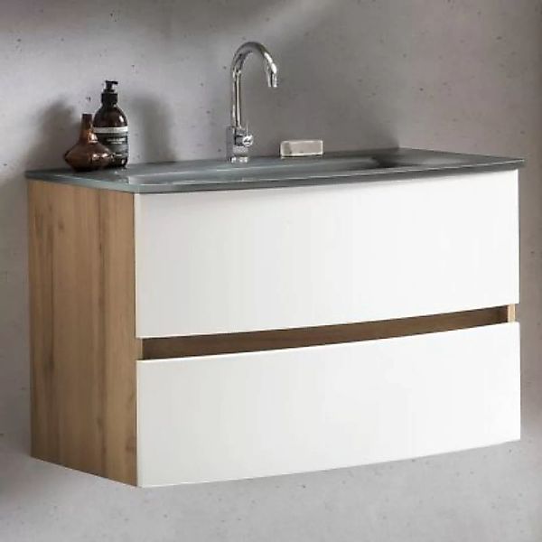 Lomadox Badezimmer Waschtisch 80 cm Wotaneiche Nb. mit matt weiß LAURIA-03 günstig online kaufen
