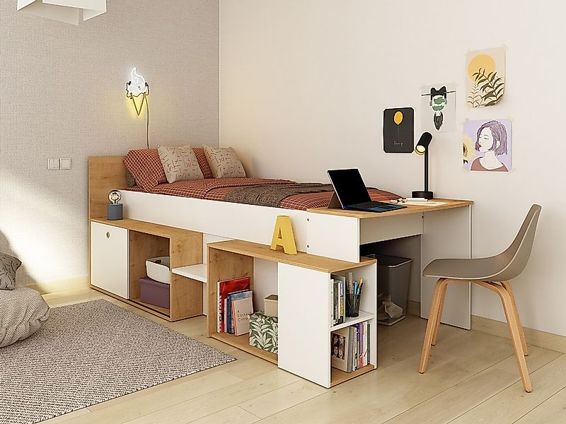 Kombibett 90 x 200 cm mit Schreibtisch & Stauraum + Lattenrost - Weiß & Hol günstig online kaufen