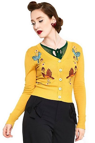 Voodoo Vixen Strickjacke Yellow Woodland Cardigan Retro Vintage Vögel Pilze günstig online kaufen