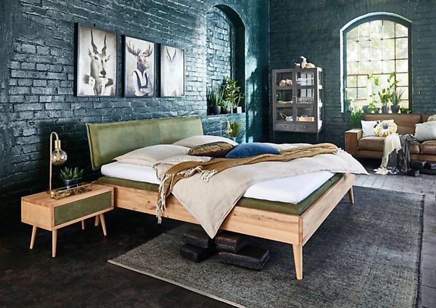 Natur24 Einzelbett Bett Odder 160x200 Wildeiche Bianco Polsterkopfteil Grün günstig online kaufen