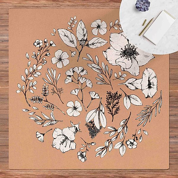 Kork-Teppich Gezeichnete florale Elemente Weiß günstig online kaufen
