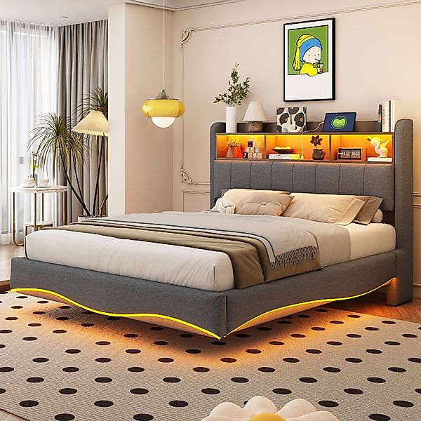 Flieks Polsterbett, LED Schwebebett Stauraumbett Doppelbett günstig online kaufen