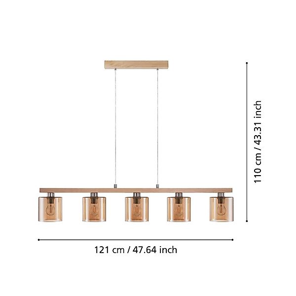 Hängelampe Castralvo, Länge 115 cm, holz/amber, 5-flg., Glas günstig online kaufen