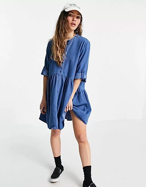 Only – Mini-Hemdkleid aus Denim mit Grandad-Kragen in hellblauer Waschung günstig online kaufen