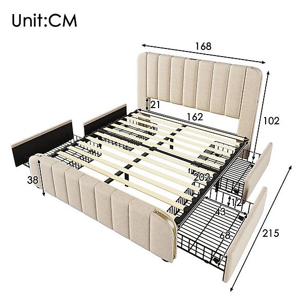 HAUSS SPOLE Polsterbett 160X200 mit 4 Schubladen, goldenen Zierstreifen, Be günstig online kaufen