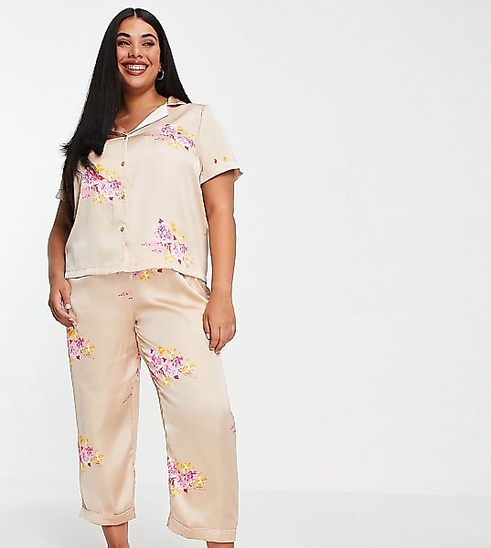 Vero Moda Curve – Geblümter Satin-Pyjama in Gold mit Hemd und Shorts-Mehrfa günstig online kaufen