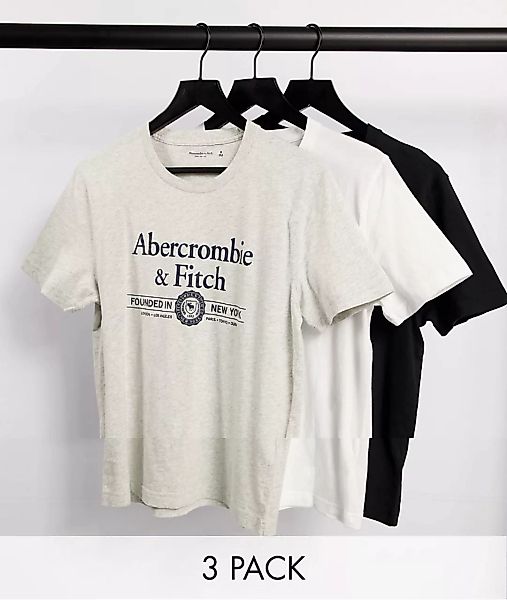 Abercrombie & Fitch – T-Shirt in Weiß/Kalkgrau/Schwarz im 3er-Pack mit groß günstig online kaufen