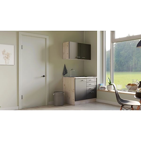 Flex-Well Exclusiv Miniküche Morena 100 cm Basaltgrau matt - San Remo Eiche günstig online kaufen