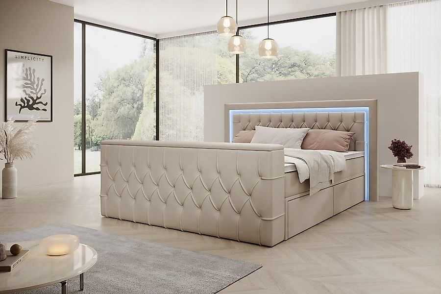 PROMETO Möbel Boxspringbett Doppelbett mit Matratze, Schubladen TV-Lift LED günstig online kaufen