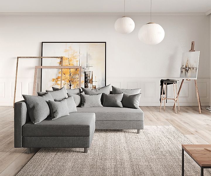 Ecksofa Clovis Grau Flachgewebe Ottomane Rechts Modulsofa günstig online kaufen