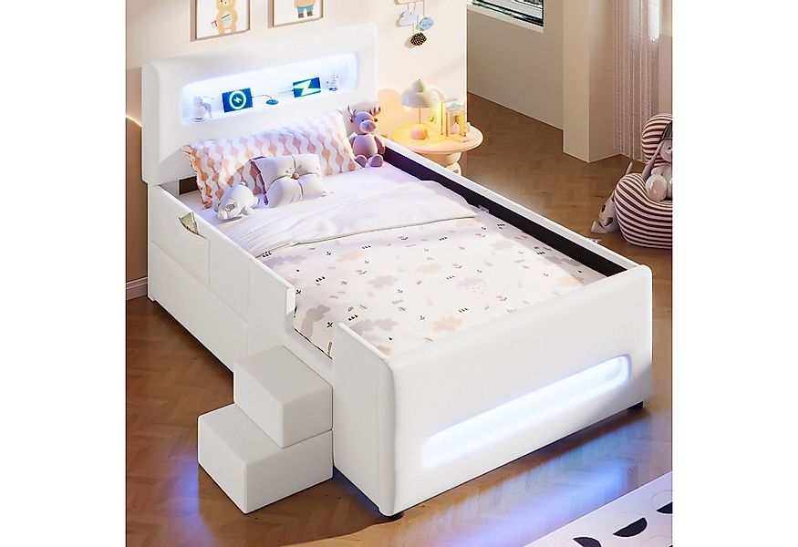 Flieks Polsterbett, Kinderbett Einzelbett 90x200cm mit LED-Lichtleisten, Sc günstig online kaufen