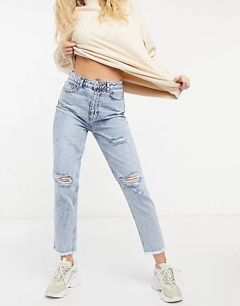 New Look – Mom-Jeans mit Zierrissen und Acid-Waschung in Hellblau günstig online kaufen