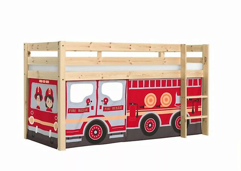 Natur24 Kinderbett Halbhohes Bett Pino mit Textilset Feuerwehr Kiefer Natur günstig online kaufen