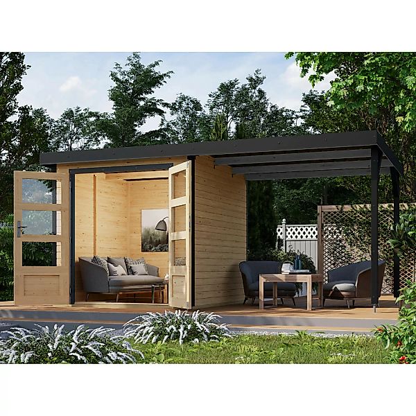 Karibu Gartenhaus Set Ernesto A Naturbelassen-Anthrazit mit Anbaudach 4,45 günstig online kaufen