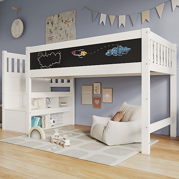 Flieks Kinderbett, Massivholz Hochbett mit Tafel günstig online kaufen