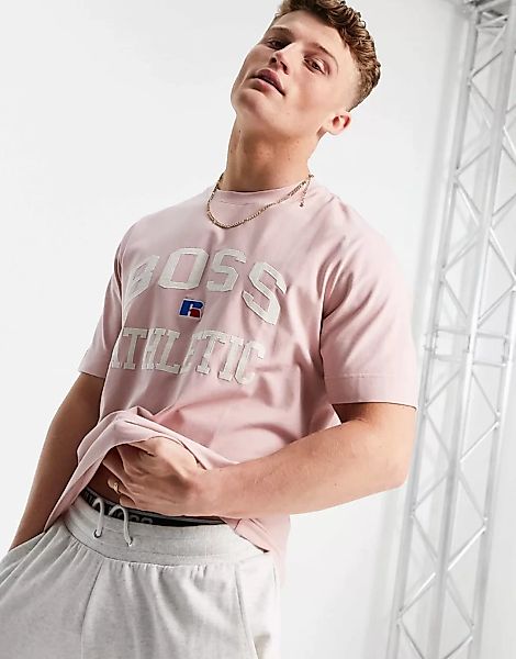 Boss x Russell Athletic – T-Shirt mit Varsity-Logo in Rosa günstig online kaufen
