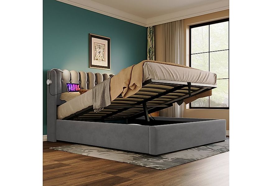 Flieks Polsterbett, Hydraulisches Stauraumbett mit Leselicht und Ladefunkti günstig online kaufen