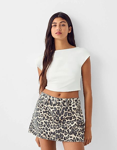 Bershka Minirock Aus Denim Mit Animalprint Damen 44 Beige günstig online kaufen