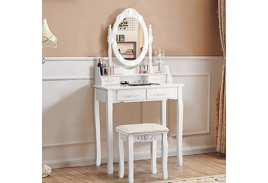 COSTWAY Schminktisch mit drehbarem Spiegel, Beleuchtung (mit Hocker), 4 Sch günstig online kaufen