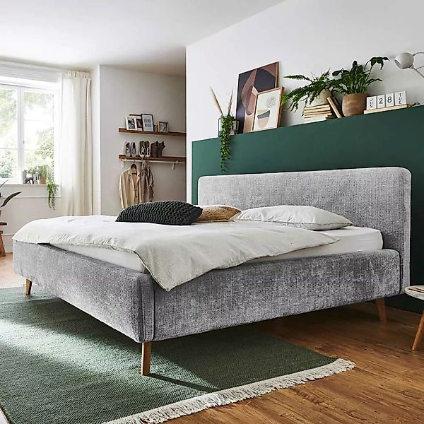 Doppeltbett Grau modern aus Boucle Stoff Eiche Massivholz günstig online kaufen