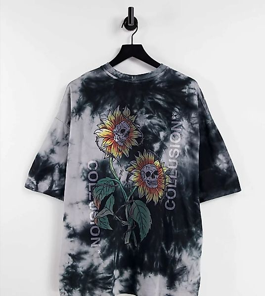 COLLUSION – Oversize-T-Shirt aus Pikee mit Print und Batikmuster-Grau günstig online kaufen