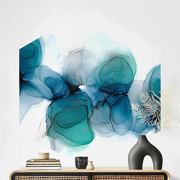 Hexagon Fototapete selbstklebend Wilde Blüten in Blau und Gold günstig online kaufen