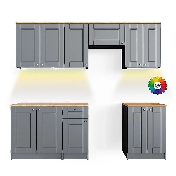 Vicco Bergamo Küchenzeile Grau 240 cm AP Goldkraft mit LED-LeistenBergamo o günstig online kaufen