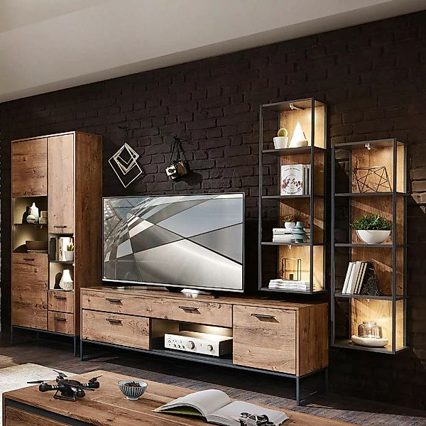Industrial-Design TV-Wohnwand MINNEAPOLIS-55 in Haveleiche Cognac Dekor mit günstig online kaufen