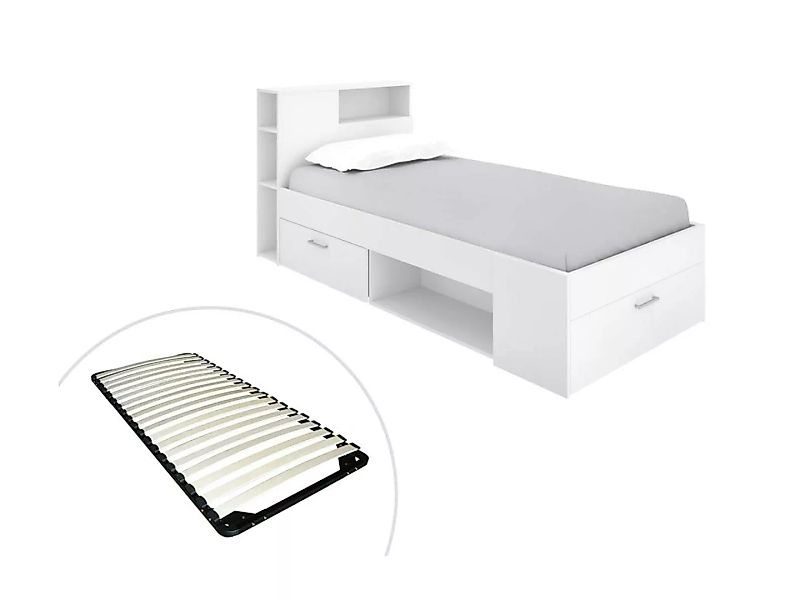 Bett mit Kopfteil, Stauraum & Schublade - 90 x 190 cm + Lattenrost - Weiß - günstig online kaufen