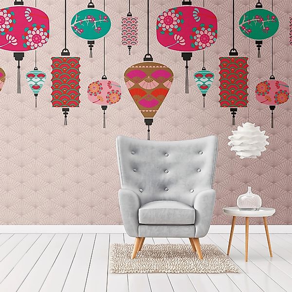 PROFHOME 382481-GU Fototapete Asiatisch Rosa Türkis Grau Braun 1,59 m x 2,8 günstig online kaufen