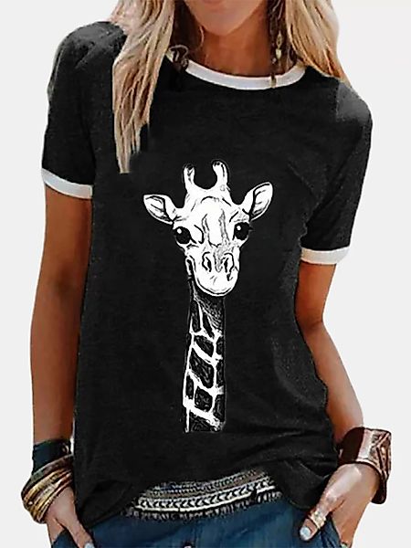 Kurzarm-T-Shirt mit O-Ausschnitt und Giraffenmuster für Damen günstig online kaufen