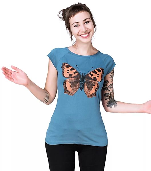 Bio-& Fair-trade-frauenshirt "Schmetterling Großer Fuchs" Denimblau günstig online kaufen